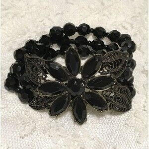 Vintage Cookie Lee Black Bead Stretch Bracelet Filigree 3 Strands 7"
